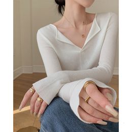 Women's Blouses Shirts JWUNIQUE White Design Sense Longsleeved Knitted Sweater Autumn and Winter 2023 Casual Allmatching Leggings Top 230223