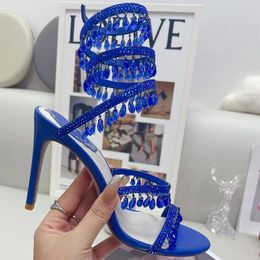 Stiletto yüksek topuk mücevher sandalet yılan twining zarif sandal rene caovilla kristal altın rhinestone elbise ayakkabıları gümüş tabanlar 35-43