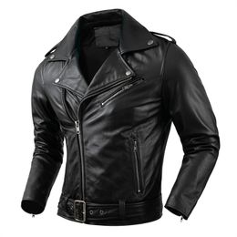 Black Genuine Cowhide Leather Motorcycle Coats Men Lapel Leather Jackets Mens Clothing Coat Men