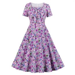 Casual Dresses Floral Print Summer Dress 50s 60s A Line Retro Women Midi Beach Sexy Short Sleeve Swing Pin Up Rockabilly Party Sundress