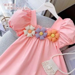Girl's Dresses Baby Girls Dress Summer Pink Cute Slim Fit Puff Sleeves Elegant Princess Dress With Flowers Birthday Party Clothes 19 Years Old Z0223