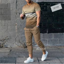 Men's Tracksuits Short Sleeve Twopiece Matching Line Clause 3d Printed Fashion Sportswear Suit Loose Size S4XL Crew Neck 230222
