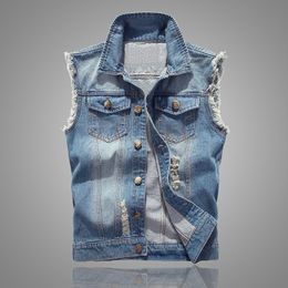 Men's Vests Fashion Frayed Blue Casual Denim Jacket Korean Style Trend Hole Light and Dark Coats 230223