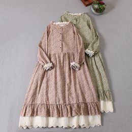 Casual Dresses Japanese Pretty Soft Wide Literary Floral Spring Printed Longsleeved Lace Collar Midi Lolita Fairy 230223