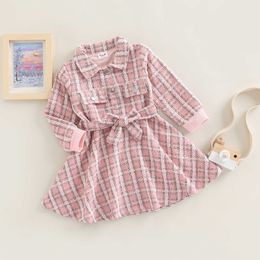 Girl's Dresses FOCUSNORM 2-7Y Autumn Kids Girls Princess Dress With Waistband Plaid Pattern Long Sleeve Button-down Collared Dress