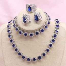 Necklace Earrings Set Wedding Silver Colour For Women Blue Semi-precious Ring Bracelet Gift Box