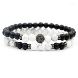 Strand 2pcs/set Black White Howlite Stone Couples Distance Bracelet Men Copper Zircon Balls Bracelets For Women Friend Jewelry