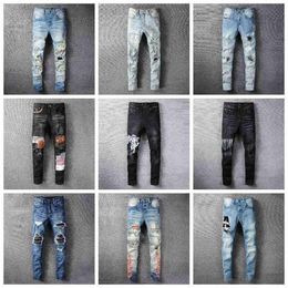 Designer jeans maschile jeans hip-hop con cerniera con cerniera jeans pantaloni retrò a piega strappata cucitura maschile moto in sella cool slim sky blu jeans for women 28-40