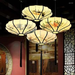 Pendant Lamps Hand Painting Round Iron Fabric Lantern Shade Light Fixture Chinese Style Foyer Dining Table Study Room Hallway Project