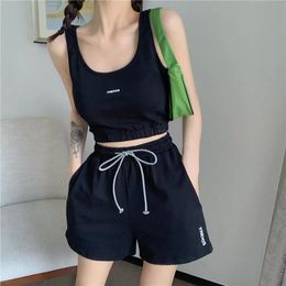 Women's Tracksuits Casual Solid Sportswear Two Piece Sets Women 2023 Crop Top And Drawstring Shorts Matching Set Summer Girl Suit Jogging Cl