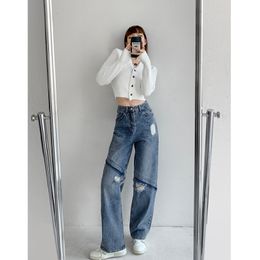 Women's Jeans European American Style Spicy Girls' Diagonal Seam Stitching Old Torn Spring Autumn Straight Cylinder Mop Pants 230223