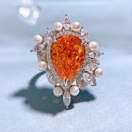 Cluster Rings 925 Silver Imported High Carbon Diamond Sunset Orange 11 15mm Water Drop Inlaid Pearl Ring