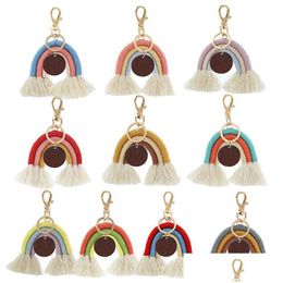 Keychains Lanyards Bohemian Tassel Keychain Pendant Diy Wood Chip Rainbow Braided Woven Lage Decoration Key Chain Keyring Creative Dh5Nz