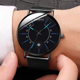 Wristwatches Production 2023 Geneva Balck Steel Mesh Band Calendar Quartz Watches Men Ultra Thin Business Minimalist