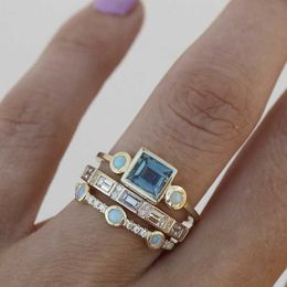 Band Rings Exquisite Gold Color Trendy Ring for Women Luxury Inlaid Sea Blue Zircon Stones Wedding Rings Set Bridal Engagement Jewelry G230213