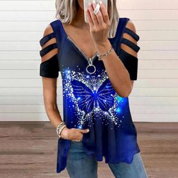 Women's Blouses & Shirts Elegant Zipper V Neck Blouse Womens Casual Printed Top Off Shoulder Short Sleeve Tee Shirt Blusas MujerWomen's