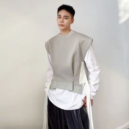 Men's Vests IEFB Korean Personalised Ribbon Round Neck Vest Trend Autumn Fashionable Pullover Niche Design Grey Waistcoat 9A0671 230223
