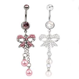 Navel Bell Button Rings D0564 2 Colors The Bowknot With Pearl Style Belly Piercing Body Jewelry Mix Drop Delivery Dhgarden Dhjts