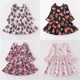 Girl's Dresses Girlymax Fall Halloween Baby Girls Children Kids Clothes Milk Silk Floral Farm Pumpkin Print Twirl Dress Knee Length Long Sleeve Z0223