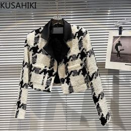 Womens Jackets KUSAHIKI Hit Colour Patchwork Tweed Short Coat Women Autumn Winter Thick Jacket Elegant Turndown Collar Korean Outwear Tops 230223