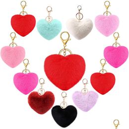 Keychains Lanyards Fashion Plush Ball Pendant 10Cm Creative Heart Shaped Imitation Rabbit Fur Keychain Lage Decoration Key Ring Dr Dherw