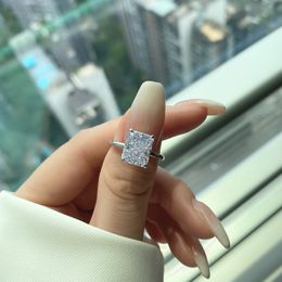 Fashion S925 Sterling Silver High Carbon Rhinestone Ring Women's Square Ice Flower Cut 8*10 Gemstone Ring European and American Simple Ring Engagement Ring