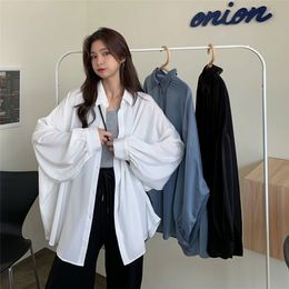 Women's Blouses Shirts Spring Summer Oversized Elegant Tops Lantern Sleeves White Button Cardigan Solid Colour Women 230223