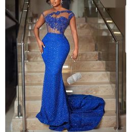 Royal Blue Plus Size Arabic Aso Ebi Luxurious Sparkly Prom Dresses Beaded Crystals Sequins Evening Formal Party Second Reception Gowns Dress 328 328