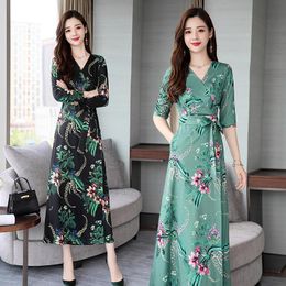 Casual Dresses Women Long Split Dress 2023 Spring Fashion Flowers V-neck Sleeve Floral
