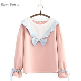 Women's Hoodies & Sweatshirts Women Sweatshirt Ruffles Patchwork Bow 2023 Autumn Winter Petal Sleeve O-neck Harakuju Tracksuits Korean Pullo