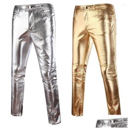 Men'S Pants Mens Black Casual Trouser Men Trousers Skinny Shiny Gold Sier Pu Leather Motorcycle Nightclub Stage For Singers Dancers Dhlnd