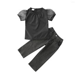 Clothing Sets Fashion Baby Girls 2Pcs Outfits Solid Puff Sleeve T-shirt Tops Denim Long Pants Summer Casual Clothes Set 1-6Y