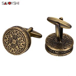 Cuff Links SAVOYSHI High Quality Shirt links for Men Round Bronze Vintage Pattern Metal links Gift Free Enagraving Name 230223