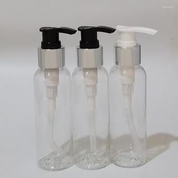 Aufbewahrungsflaschen 50 Stück 100 ml runde Schulter-Plastikflasche mit silbernem Kragen, Lotionspumpe, klarer schwarzer Kosmetikbehälter, Schraubenspender