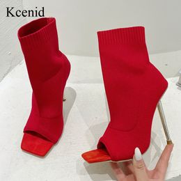 Boots Kcenid 2023 Red Green Women Ankle Peep Toe Metal Heel Knitted Stretch Fabric Sexy Cut-Out Thin High Heels Shoes 230223