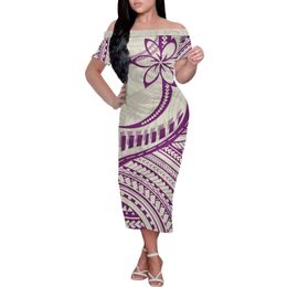 Casual Dresses Tonga Dress Polynesian Tribal Clothes Tongan White Plumeria Hibiscus Tattoo Prints Robe Women's Elegant Tight Midi Off Shoulder 230223