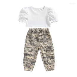 Clothing Sets Kid Girls 2 Pcs Outfits Short Puff Sleeve Solid Color Crop Tops Elastic Waist Camouflage Cargo Pants With Pockets