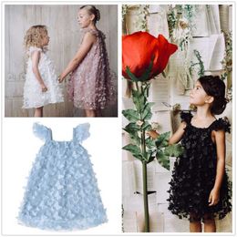 Girl's Dresses 4 Color Summer New Cute 3D Butterfly Embroidered Girls Mesh Dress Flying Sleeve Birthday Party Sisters Princess Dress Tulle 1-6T