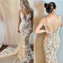 Champagne Boho Mermaid Wedding Dress 2023 Sexy V Neck Backless Lace Bohemian Garden Hippie Bridal Dress Sweep Train Bead Bride robes de mariee vestidos