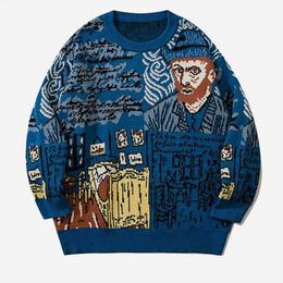 Men's Sweaters High Street Knitted Sweater Men Van Gogh Graffiti Print Cotton Harajuku Loose Padded Pullover Women Streetwear Autumn 230222