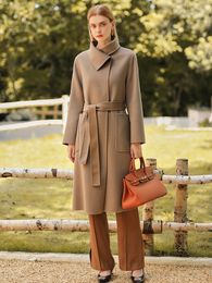 Women's Jackets Doublesided cashmere coat 2023 women's design feeling loose lace up medium length wool 230223