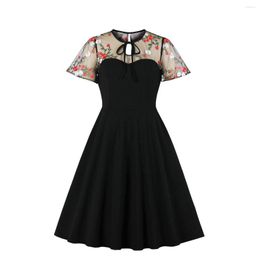 Casual Dresses Retro Vintage Embroidery Floral Women Short Party Dress Black Mesh Sleeve A Line Swing 60s Rockabilly Summer