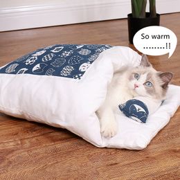 Cat Beds Furniture Japanese Winter Removable Warm Sleeping Bag Deep Sleep Pet Dog House s Nest Cushion with pillow 230222