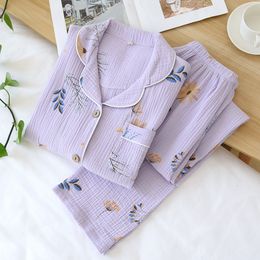 Women's Sleepwear Women Cotton Gauze Pyjamas Long Sleeve Spring Pyjama Set Purple Lavender Print Sleepwear 2 Piece Casual Loose Sexy Nightwear 230223