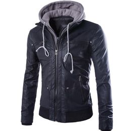 Men's Jackets Loldeal Leather Jacket Black Male Motorcycle Polar Fleece Hooded Detachable PU Faux Men Biker