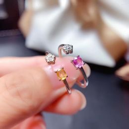 Cluster Rings Fashion Adjustable Square Plum Blossom Natural Yellow Pink Sapphire Ring S925 Silver Gemstone Girl Party Jewelry