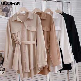 Women's Blouses Shirts DUOFAN Blusas Mujer De Moda Tops Female Tunic Lapel Shirts Long Sleeve Chic Niche Design Lace-up Women's Blouses Mid-length 230223