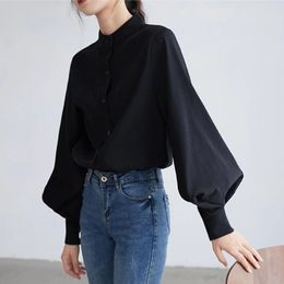 Women's Blouses Shirts Big Lantern Sleeve Women Autumn Winter Single Breasted Stand Collar Office Work Solid Vintage 230223