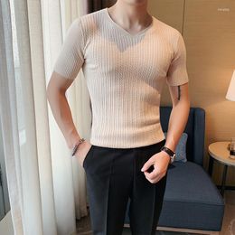 Men's T Shirts 2023 Summer Male T-Shirts Men Knitted Sweater Slim Fit Pullover Solid Color V-neck Collar Tee Tops B3