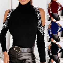 Women's Sweaters Black Blue Wine Sexy Long Sleeve Off Shoulder Knitted Ladies Pullover Autumn Tops Diamonds Mock Neck Women Sweater